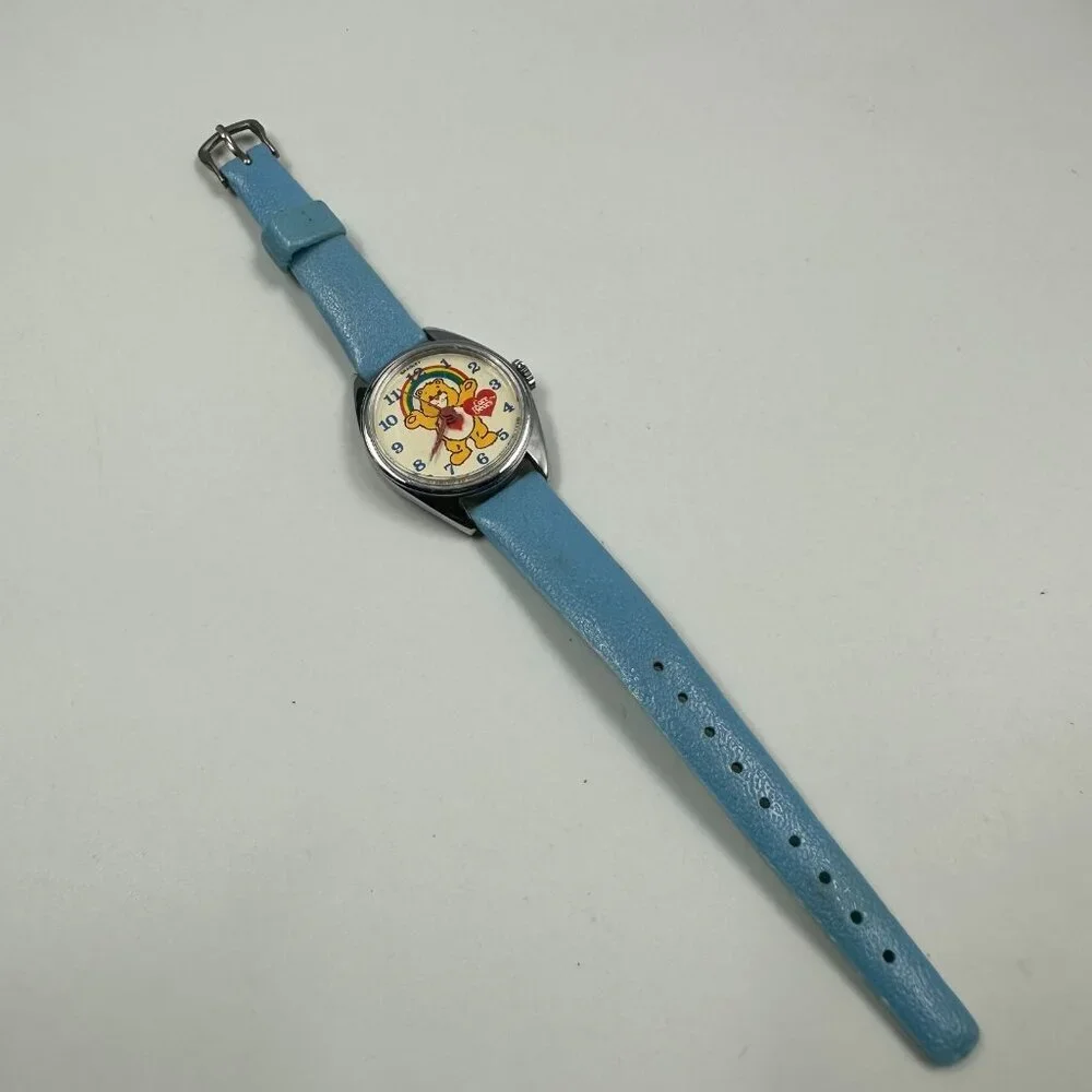 Vintage Bradley Care Bears Watch Kids Silver Tone Blue Leather Band Manual Wind